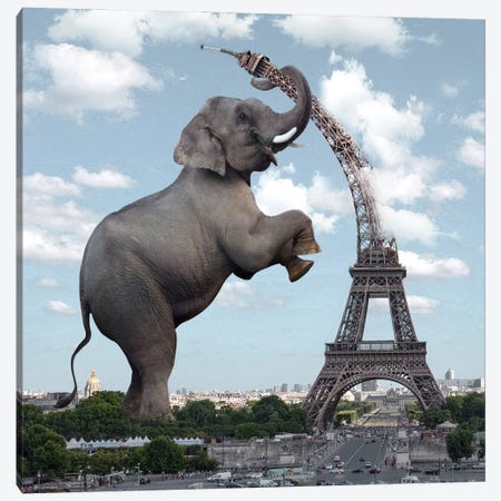 The Elephant And The Eiffel Tower Canvas Print #DBY7} by Dmitry Biryukov Canvas Art Print