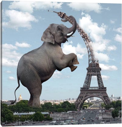 The Elephant And The Eiffel Tower Canvas Art Print - Gentle Giants