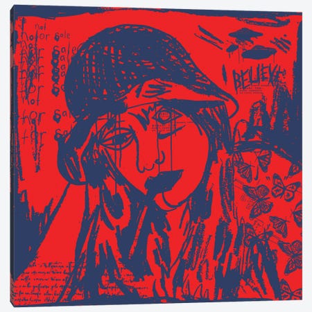 Girl Smoking A Cigarette Blue On Red Canvas Print #DCA231} by Dai Chris Art Art Print
