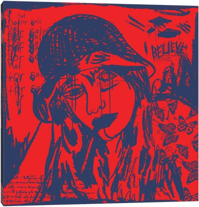 Girl Smoking A Cigarette Blue On Red Canvas Art Print - Dai Chris Art