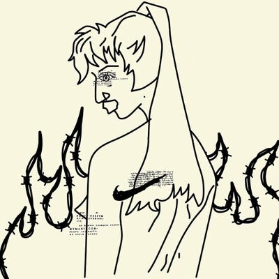 Girl In The Wire Flames (In Cream) by Dai Chris Art canvas print