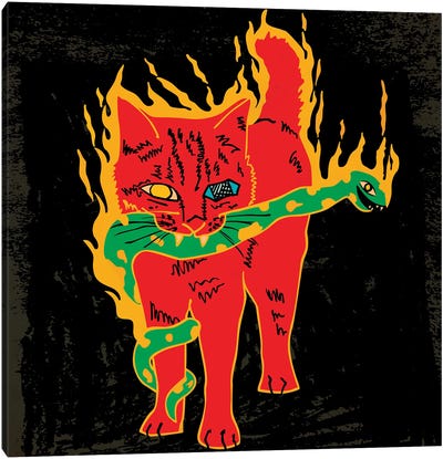 Cat And Snake (Yellow Flames) Canvas Art Print - Dai Chris Art