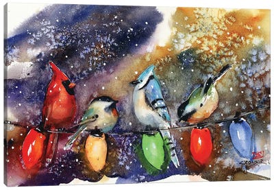 Holiday Chirpers Canvas Art Print - Christmas Animal Art