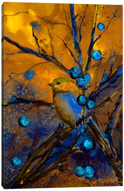 Bird & Berries Canvas Art Print - Orange & Teal