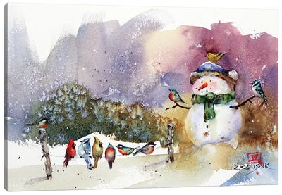 Snowman And Songbirds Canvas Art Print - Christmas Scenes