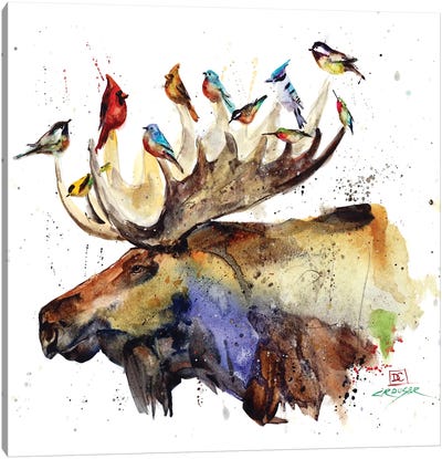 Moose and Birds Canvas Art Print - Art for Dad