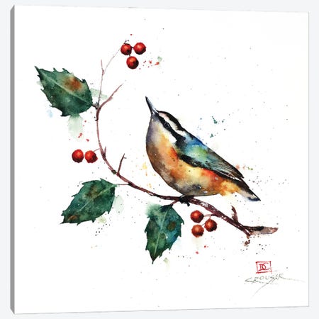Nuthatch and Holly Canvas Print #DCR193} by Dean Crouser Art Print