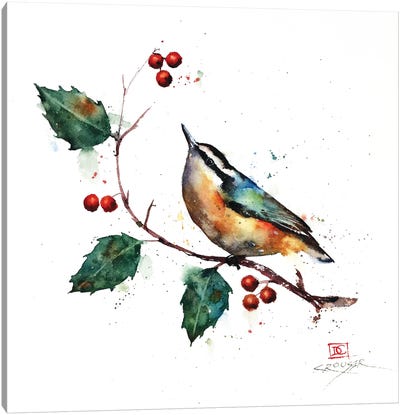 Nuthatch and Holly Canvas Art Print - Lakehouse Décor