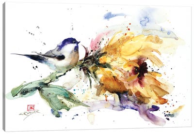 Chickadee and Sunflower Canvas Art Print - Best Selling Floral Art