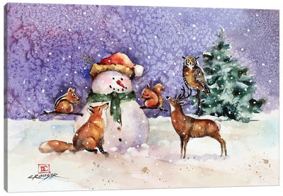 Snowman And Woodland Creatures Canvas Art Print - Christmas Trees & Wreath Art