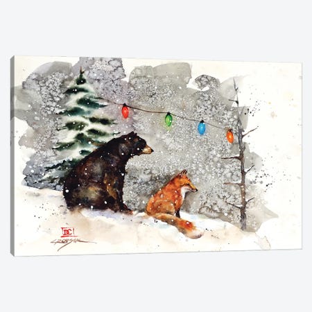 Fox, Bear And Lights Canvas Print #DCR214} by Dean Crouser Art Print