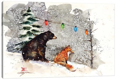 Fox, Bear And Lights Canvas Art Print - Rustic Winter
