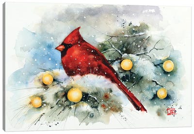Cardinal And Lights Canvas Art Print - Rustic Winter