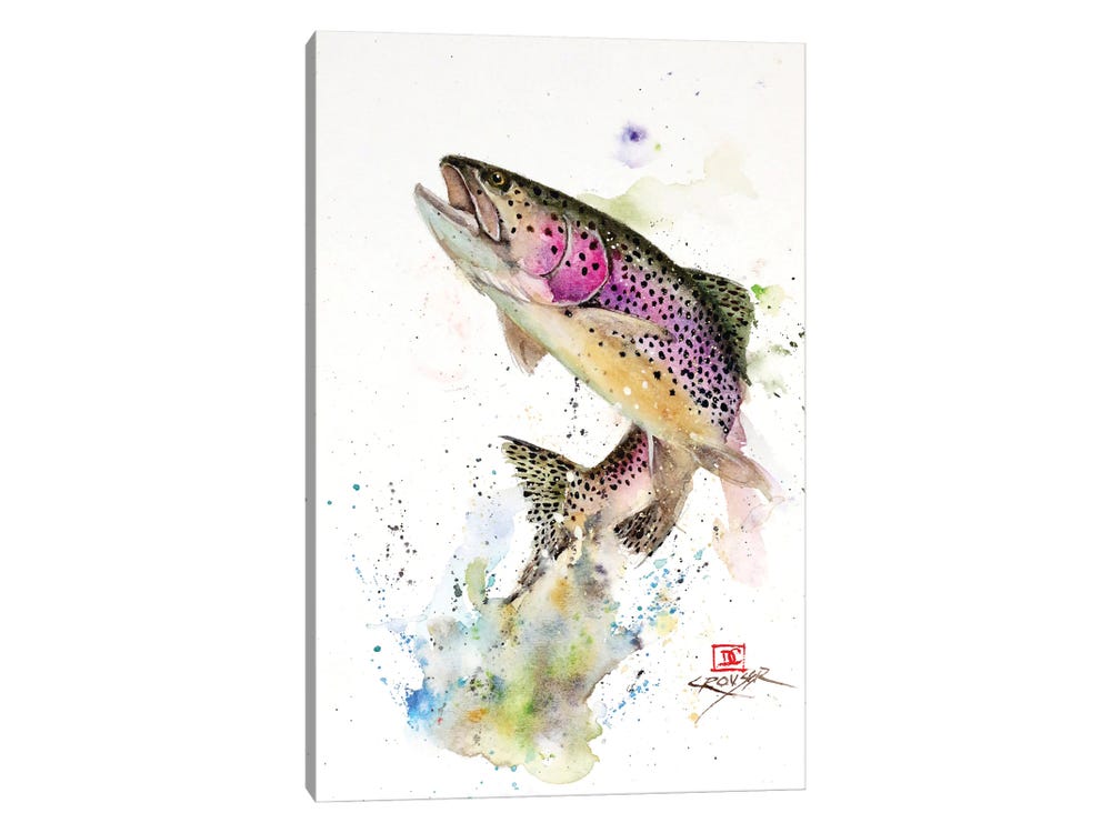 Framed Canvas Art (Champagne) - Jumping Rainbow Trout by Dean Crouser ( Animals > Sea Life > Fish > Trout art) - 26x18 in