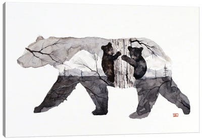 Mama Bear & Cubs Canvas Art Print - Black Bear Art