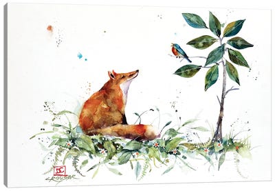 Fox & Blue Bird Canvas Art Print - Dean Crouser