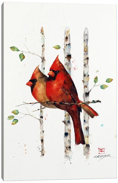 Cardinals In Birch Canvas Art Print - Birch Tree Art