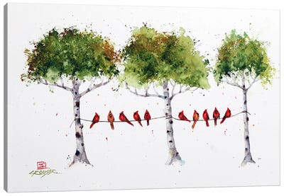 Cardinals In The Trees Canvas Art Print - Birds On A Wire