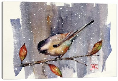 Chickadee Snow Canvas Art Print - Rustic Winter
