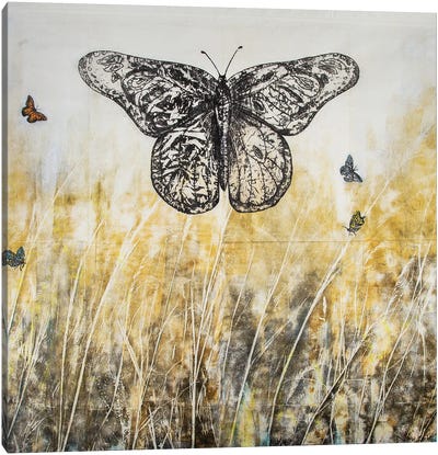 Butterflies Migration II Canvas Art Print - Black, White & Yellow Art