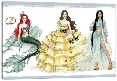 Ariel, Belle, Jasmine Canvas Art Print - Animated Movie Art
