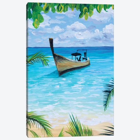 Boat On Palm Beach Canvas Print #DDY10} by Debasree Dey Canvas Wall Art