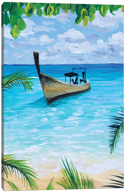 Boat On Palm Beach Canvas Art Print - Debasree Dey
