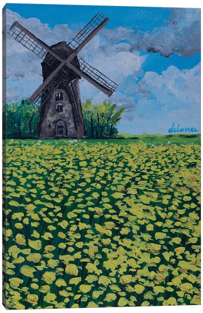 Towermill On Flower Field Canvas Art Print - Debasree Dey