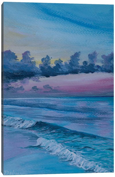 Blue Waves Pink Sunset Canvas Art Print - Debasree Dey