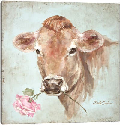 Cow With Rose Canvas Art Print - Modern Farmhouse Décor