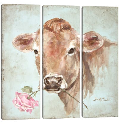 Cow With Rose Canvas Art Print - 3-Piece Decorative Art