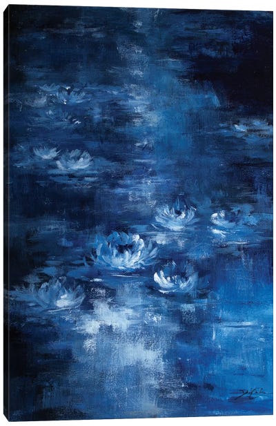 Moonlight Lilies Canvas Art Print - Black, White & Blue Art