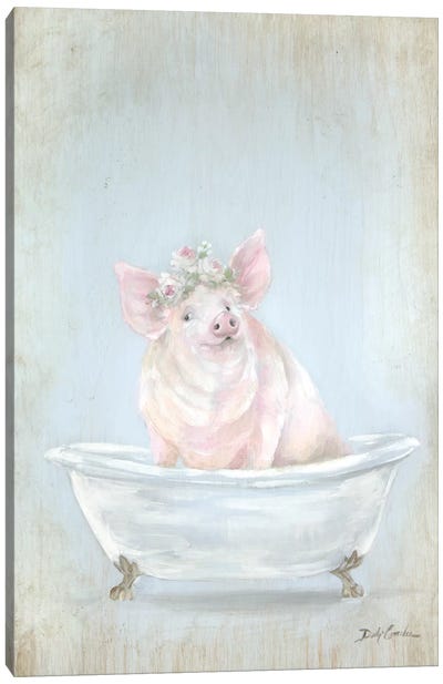 Pig In A Tub Canvas Art Print - Bathroom Art