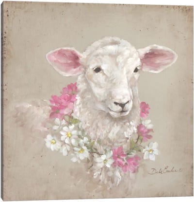Sheep With Wreath Canvas Art Print - Modern Farmhouse Living Room Art