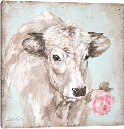 Cow With Rose II Canvas Art Print - Modern Farmhouse Décor