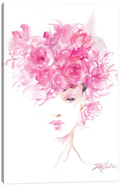 Lady In Pink Canvas Art Print - Floral Portrait Art