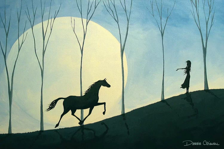 Two Mares - horse folk art landscape by Debbie Criswell, Folk Art 