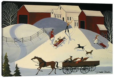 Bobbys First Sled Ride Canvas Art Print - Debbie Criswell
