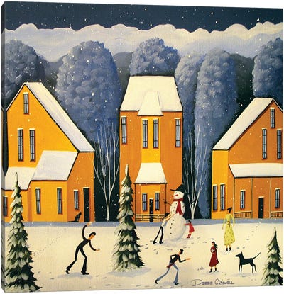 Snow Is Falling Friends Are Calling Canvas Art Print - Folk Art