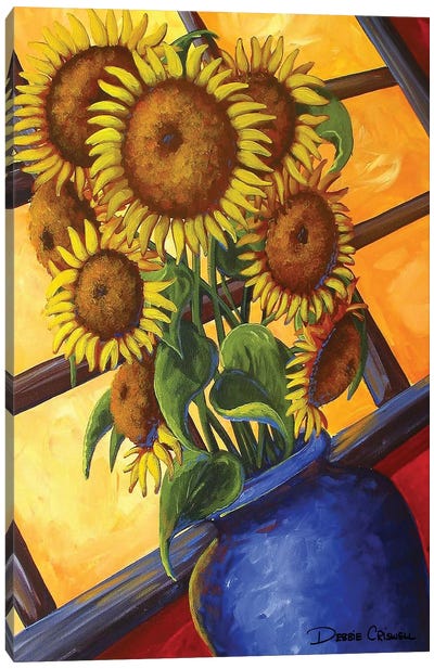 Sunflowers Blue Vase Canvas Art Print - Folk Art
