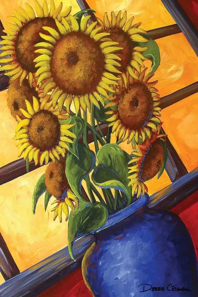 Debbie Criswell: Sunflowers Blue Vase by Debbie Criswell