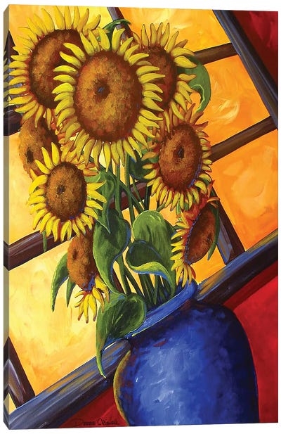 Sunflowers Blue Vase Canvas Art Print - Debbie Criswell