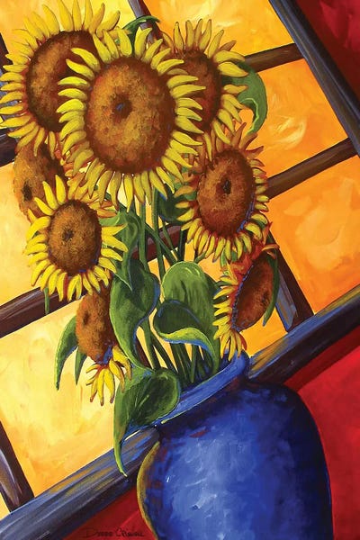 Debbie Criswell: Sunflowers Blue Vase by Debbie Criswell