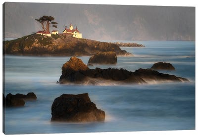 Evening Mist And Lighthouse Canvas Art Print - Dennis Frates