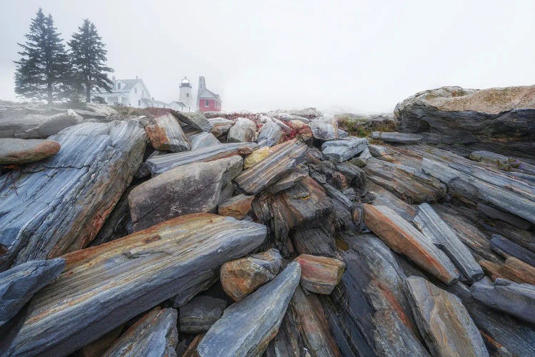Lighthouse Sunrise With Fog And Rock Formation by Dennis Frates wall art