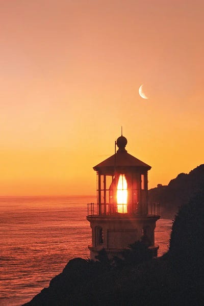 Dennis Frates: Heceta Lighthouse With Crescent Moon, Oregon by Dennis Frates