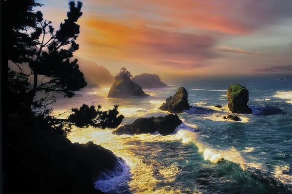 Dennis Frates: Waves, Sunrise And Sea Stacks. Samuel H. Boardman State Park, Oregon by Dennis Frates
