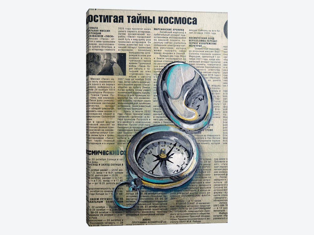 Compass On Newspaper by Delnara El 1-piece Canvas Artwork