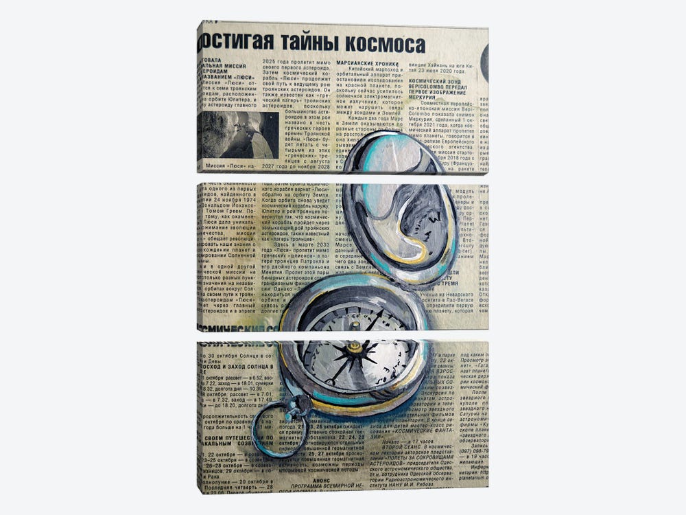 Compass On Newspaper by Delnara El 3-piece Canvas Art