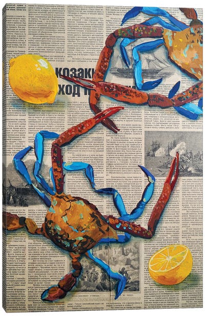 Crabs On The Newspaper Canvas Art Print - Crab Art